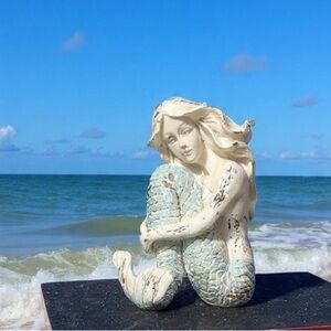 Elegant Cream and Blue Mermaid Sculpture (resin)
